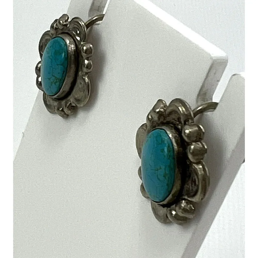 Vintage Silver Toned Turquoise Twist Back Earrings About‎ an Inch Long